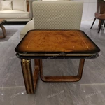 Burl Veneer Sofa Side Table with Offset Open-Frame Base and Gold Stainless Steel Inlay